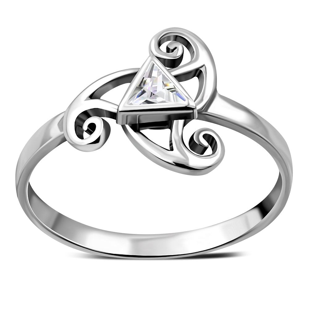 Clear CZ Triskele Triple Spiral Silver Ring