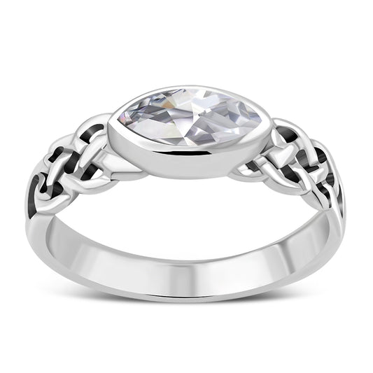 Marquise cut Clear CZ Celtic Silver Ring