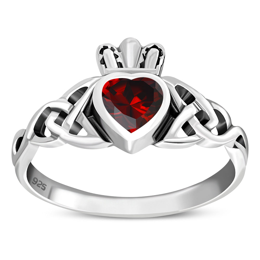 Garnet CZ Trinity Knot Claddagh Silver Ring