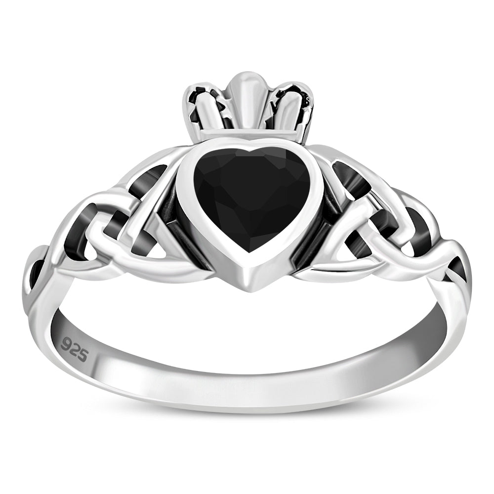 Faceted Black Onyx Trinity Knot Claddagh Silver Ring