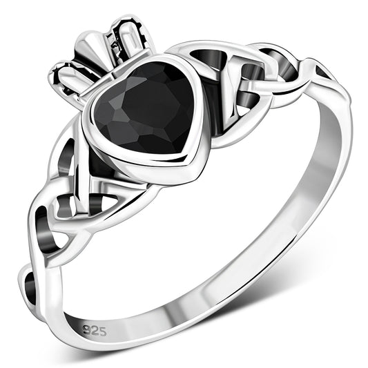 Faceted Black Onyx Trinity Knot Claddagh Silver Ring