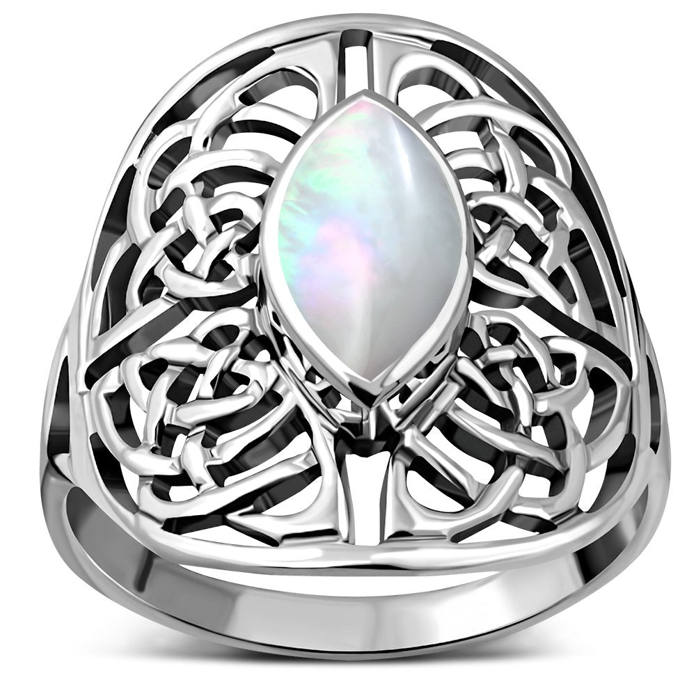 Large Mother Of Pearl Celtic Knot Silver Ring