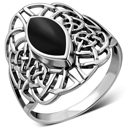 Large Black Onyx Celtic Silver Ring