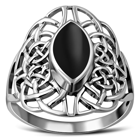 Large Black Onyx Celtic Silver Ring