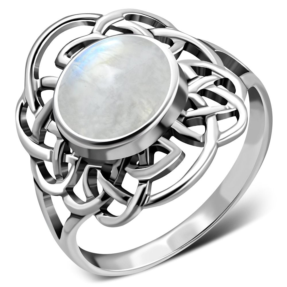 Rainbow Moonstone Celtic Sterling Silver Ring