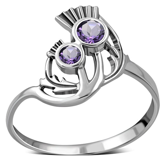 Amethyst Stone Thistle Silver Ring