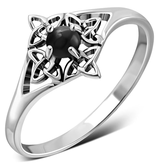 Delicate Black Onyx Celtic Knot Silver Ring