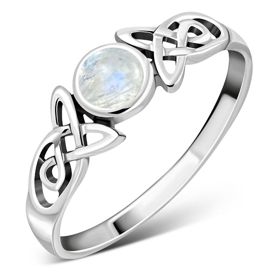 Rainbow Moonstone Celtic Trinity Silver Ring