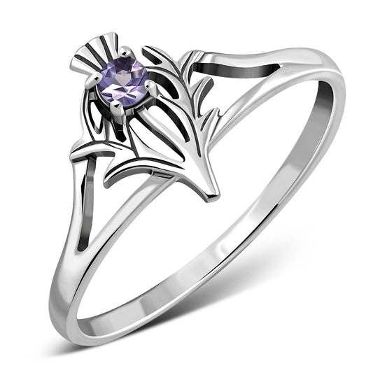 Amethyst Stone Celtic Knot Thistle Silver Ring