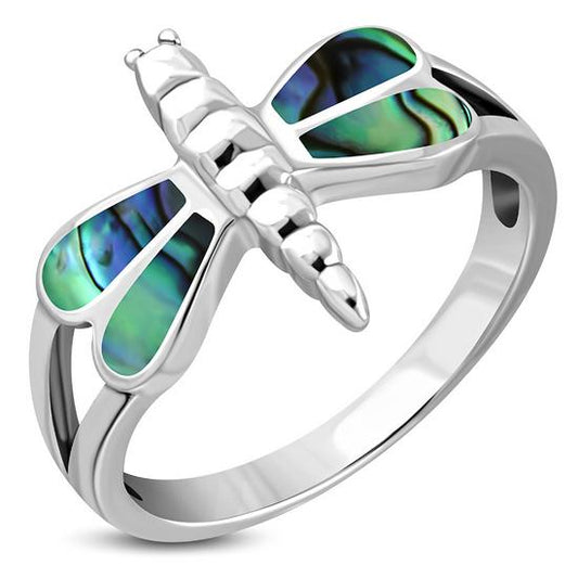 Abalone Shell Dragonfly Silver Ring
