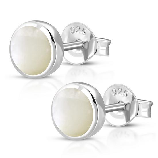 Mother of Pearl Round Sterling Silver Stud Earrings 