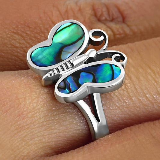 Abalone Shell Butterfly Silver Ring